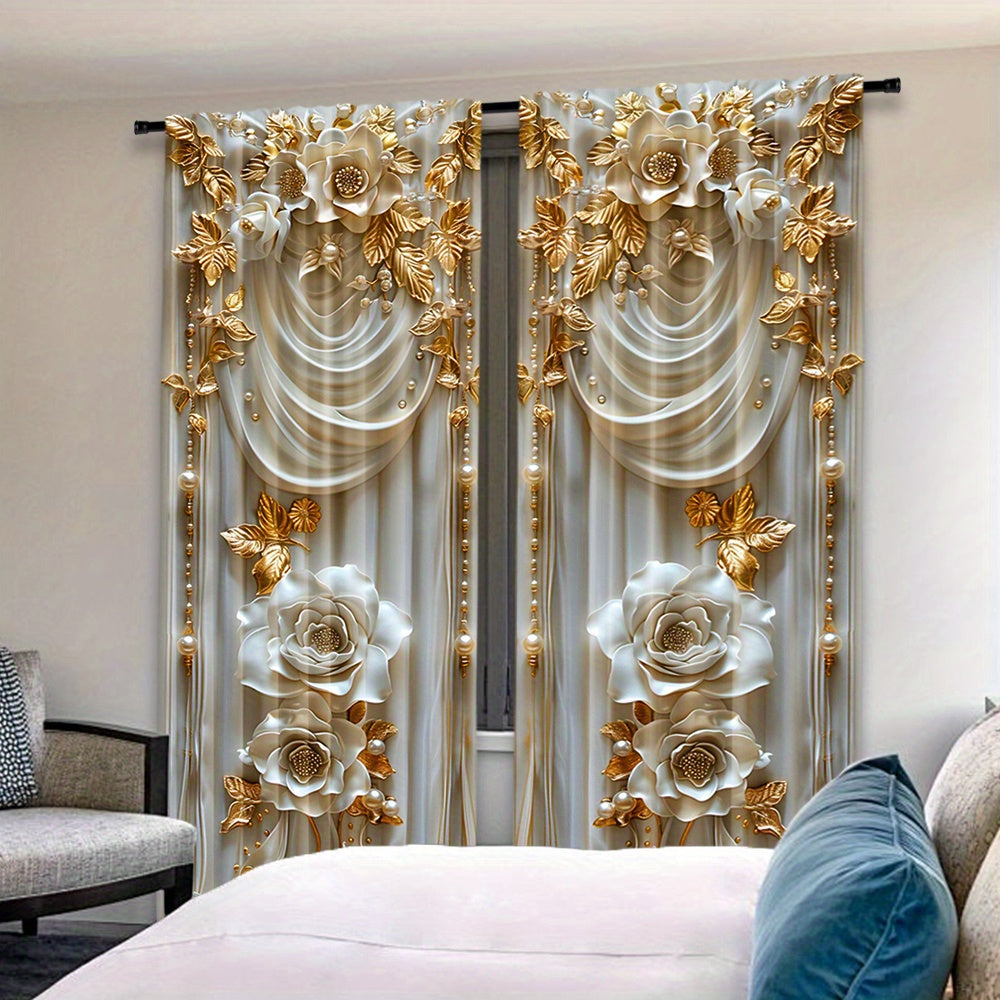 Elevate your bedroom decor with this stylish 2-piece set of polyester pongee curtains featuring an elegant embossed yellow flower design. These semi-sheer rod pocket window panels boast a contemporary style with digital printed drapes and a knit weave