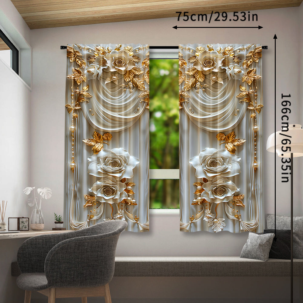 Elevate your bedroom decor with this stylish 2-piece set of polyester pongee curtains featuring an elegant embossed yellow flower design. These semi-sheer rod pocket window panels boast a contemporary style with digital printed drapes and a knit weave