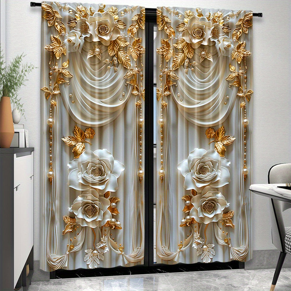 Elevate your bedroom decor with this stylish 2-piece set of polyester pongee curtains featuring an elegant embossed yellow flower design. These semi-sheer rod pocket window panels boast a contemporary style with digital printed drapes and a knit weave