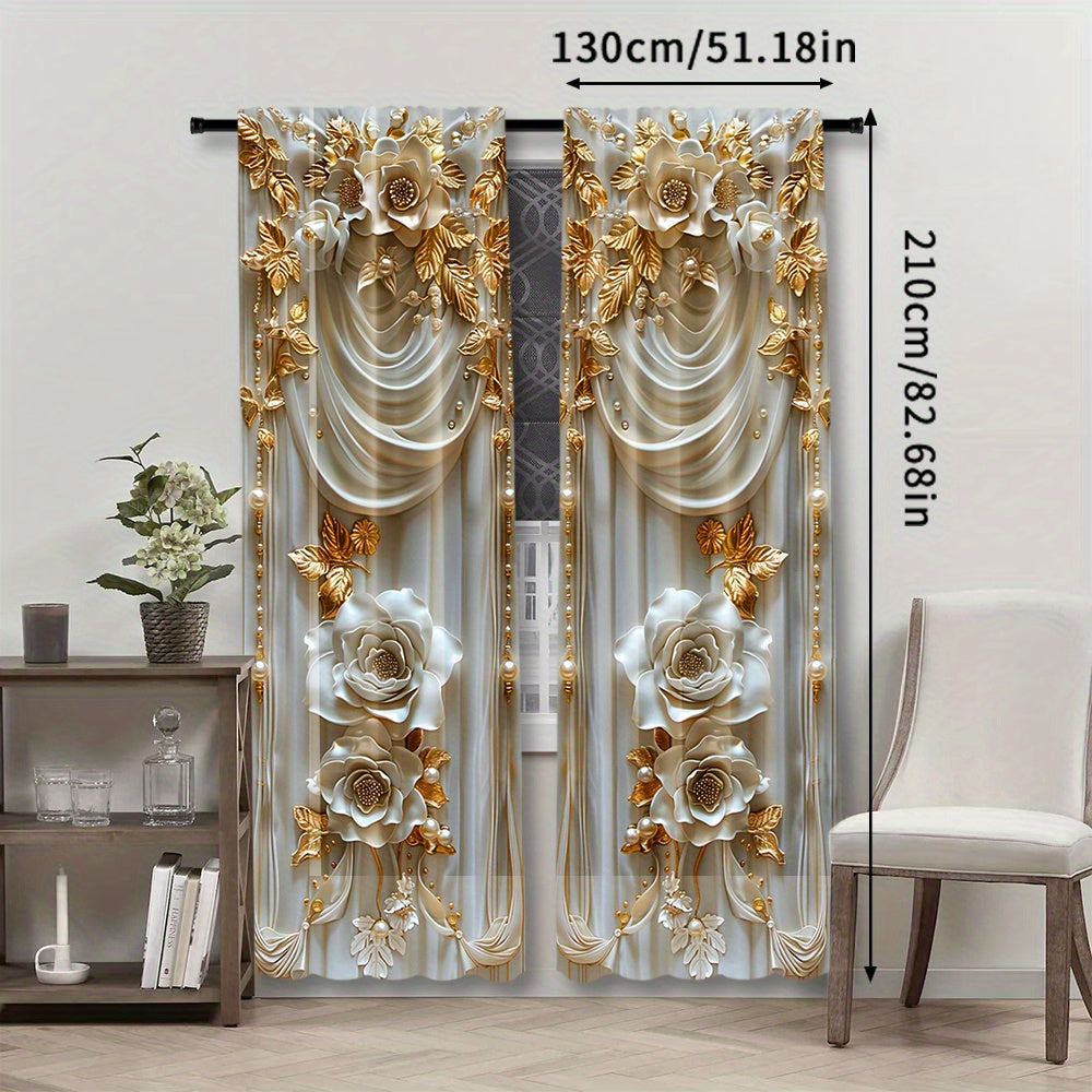 Elevate your bedroom decor with this stylish 2-piece set of polyester pongee curtains featuring an elegant embossed yellow flower design. These semi-sheer rod pocket window panels boast a contemporary style with digital printed drapes and a knit weave