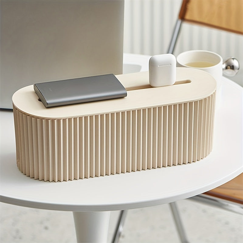 Large capacity cable storage box in sleek beige with cover for desk and home office. Durable plastic organizer for power adapters and chargers.