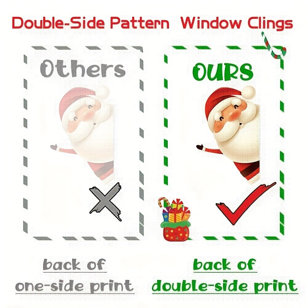 Static decals for Christmas windows, featuring classic plastic double-sided holiday designs of Santa, snowmen, and reindeer. These reusable stickers are perfect for glass door display, adding a festive touch to your home decor during the holiday season.