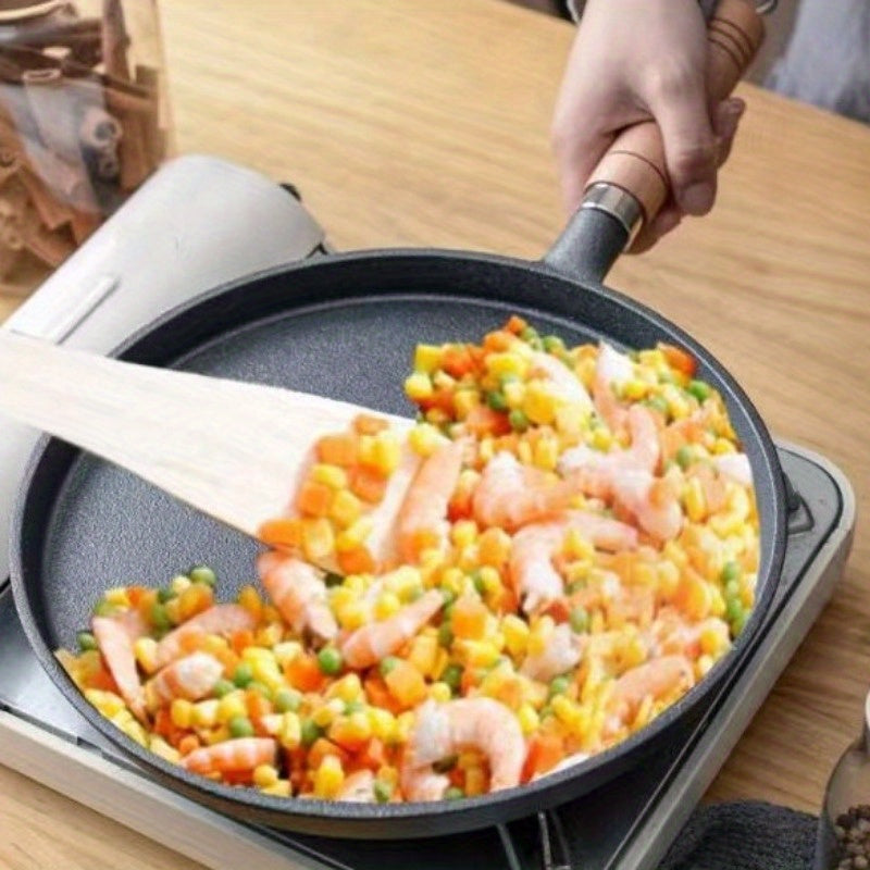 [Customer Favorite] Durable Cast Iron Non-Stick Pan with Wooden Handle - Ideal for Pancakes, Pizza, and Steak - Hand Wash Recommended