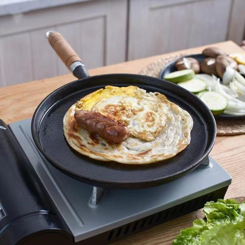 [Customer Favorite] Durable Cast Iron Non-Stick Pan with Wooden Handle - Ideal for Pancakes, Pizza, and Steak - Hand Wash Recommended