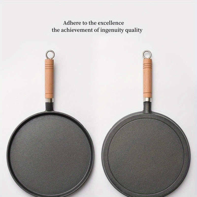 [Customer Favorite] Durable Cast Iron Non-Stick Pan with Wooden Handle - Ideal for Pancakes, Pizza, and Steak - Hand Wash Recommended