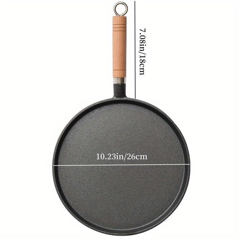 [Customer Favorite] Durable Cast Iron Non-Stick Pan with Wooden Handle - Ideal for Pancakes, Pizza, and Steak - Hand Wash Recommended