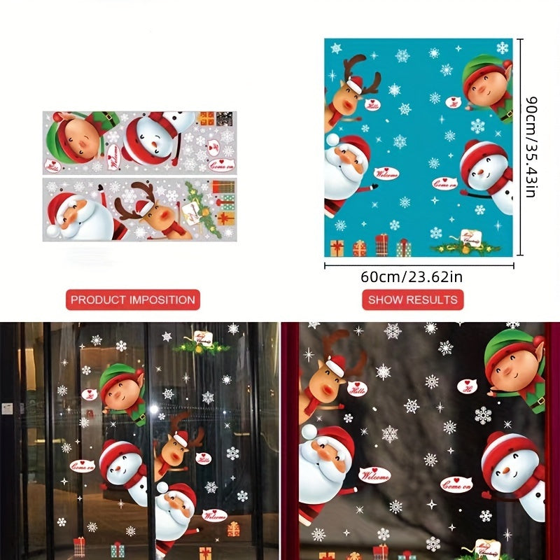 Static decals for Christmas windows, featuring classic plastic double-sided holiday designs of Santa, snowmen, and reindeer. These reusable stickers are perfect for glass door display, adding a festive touch to your home decor during the holiday season.