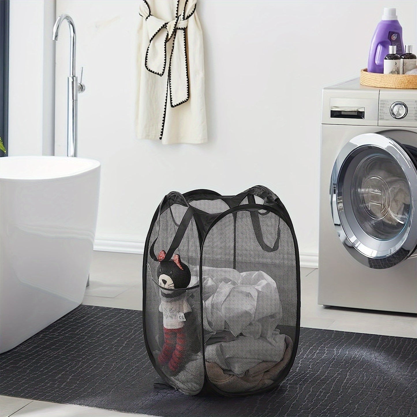 Sturdy Polyester Blend Pop-Up Laundry Basket - Convenient Handle and Foldable Design for Dorms, Bathrooms, and Travel - Portable Black Clothes Hamper - Durable Construction for Long-lasting Use - Ideal for Laundry Needs