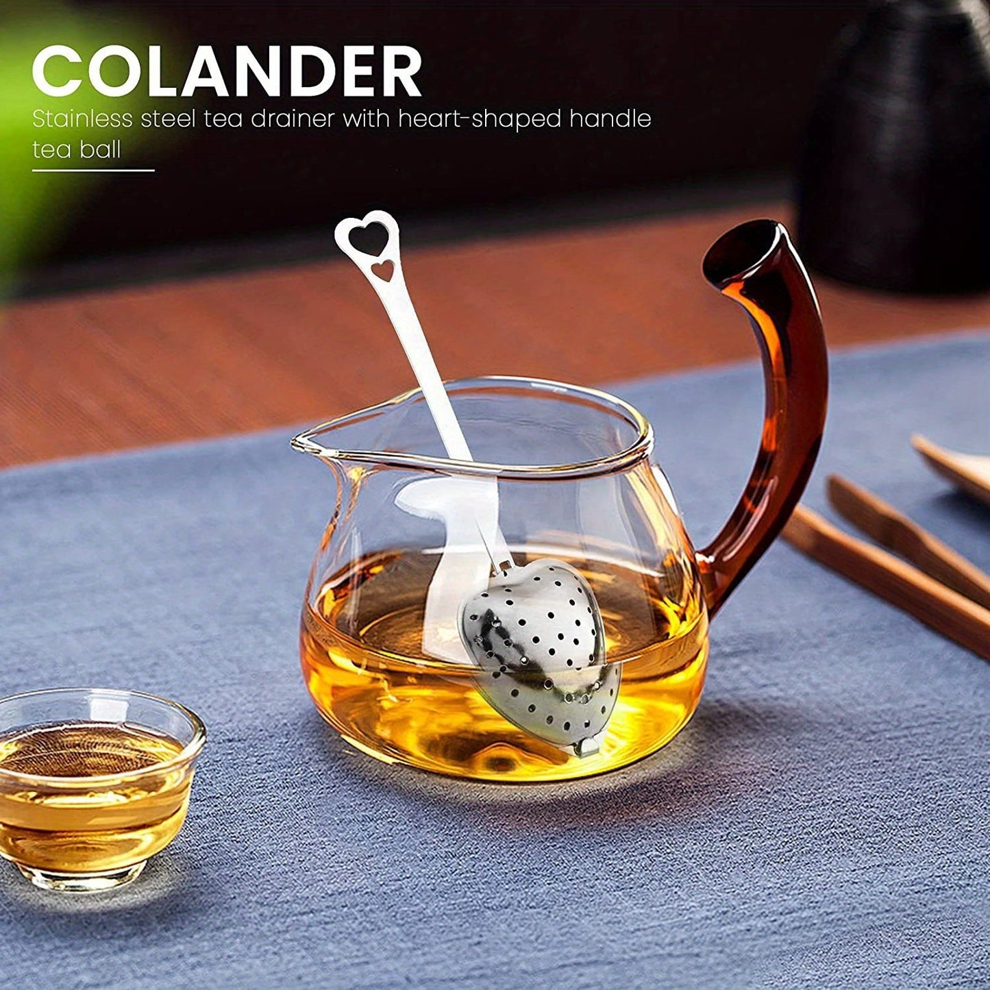 Heart-shaped tea infuser set made from stainless steel, available in a 1pc or 2pcs option. Features a fine mesh for loose leaf tea, sturdy handle for easy use, and is perfect for brewing tea, herbs, and spices. Durable, easy to clean, and makes for an