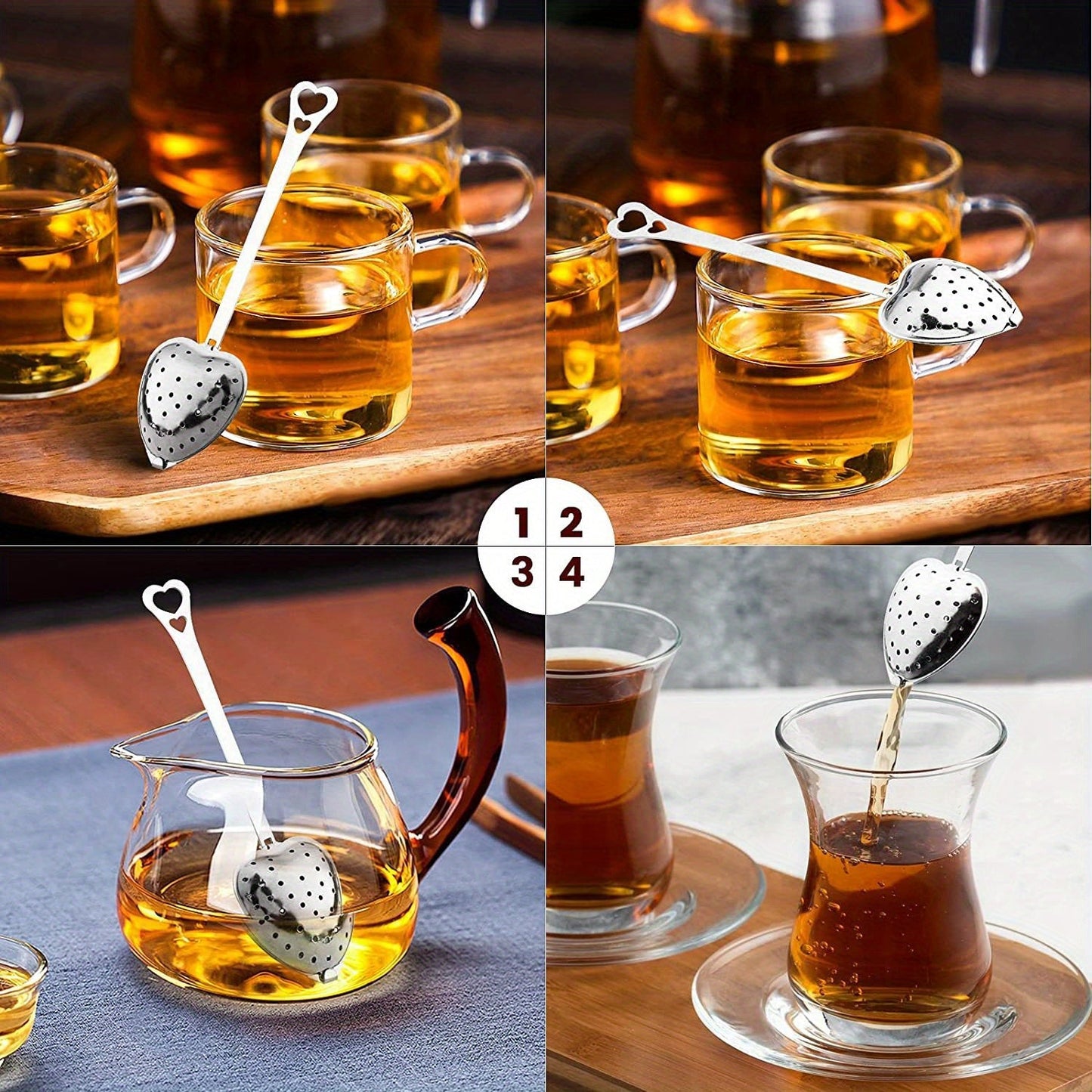 Heart-shaped tea infuser set made from stainless steel, available in a 1pc or 2pcs option. Features a fine mesh for loose leaf tea, sturdy handle for easy use, and is perfect for brewing tea, herbs, and spices. Durable, easy to clean, and makes for an