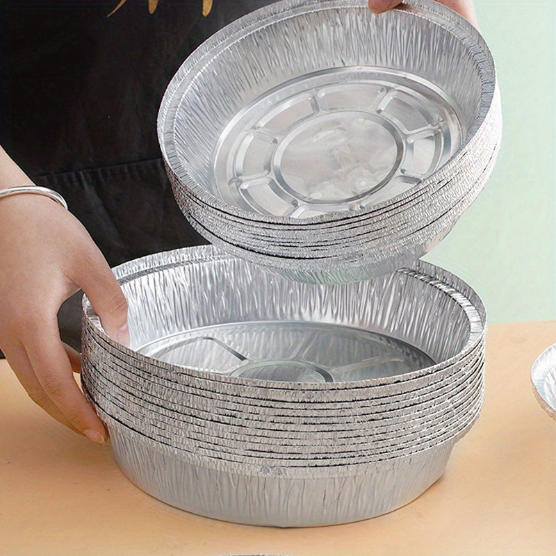 Set of 20 round aluminum foil tin boxes, each with a non-stick liner. Perfect for BBQ trays, steaming baskets, cakes, pastries, and other baked goods.