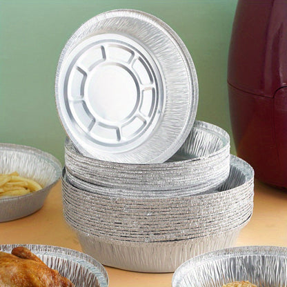 Set of 20 round aluminum foil tin boxes, each with a non-stick liner. Perfect for BBQ trays, steaming baskets, cakes, pastries, and other baked goods.