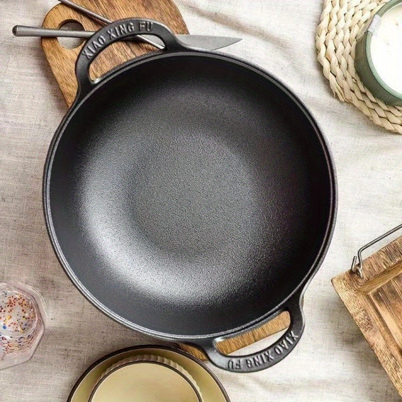 Yuanbao Cast Iron Pot: A Traditional Uncoated Cast Iron Soup Pot with Dual Handles, Durable Household Wok Fryer, and Small Saucepan for Cooking