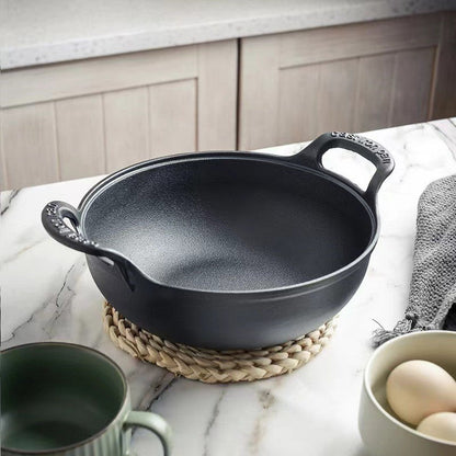 Yuanbao Cast Iron Pot: A Traditional Uncoated Cast Iron Soup Pot with Dual Handles, Durable Household Wok Fryer, and Small Saucepan for Cooking