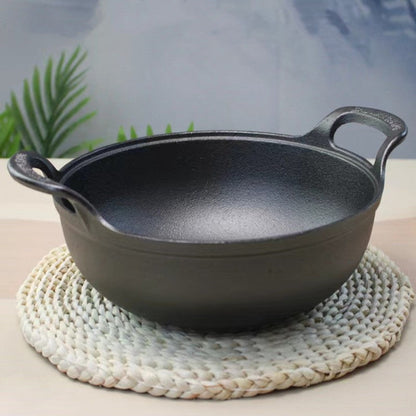 Yuanbao Cast Iron Pot: A Traditional Uncoated Cast Iron Soup Pot with Dual Handles, Durable Household Wok Fryer, and Small Saucepan for Cooking