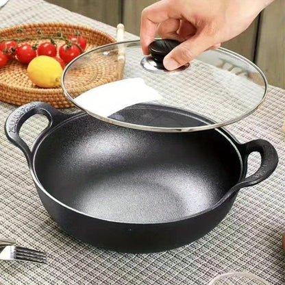 Yuanbao Cast Iron Pot: A Traditional Uncoated Cast Iron Soup Pot with Dual Handles, Durable Household Wok Fryer, and Small Saucepan for Cooking