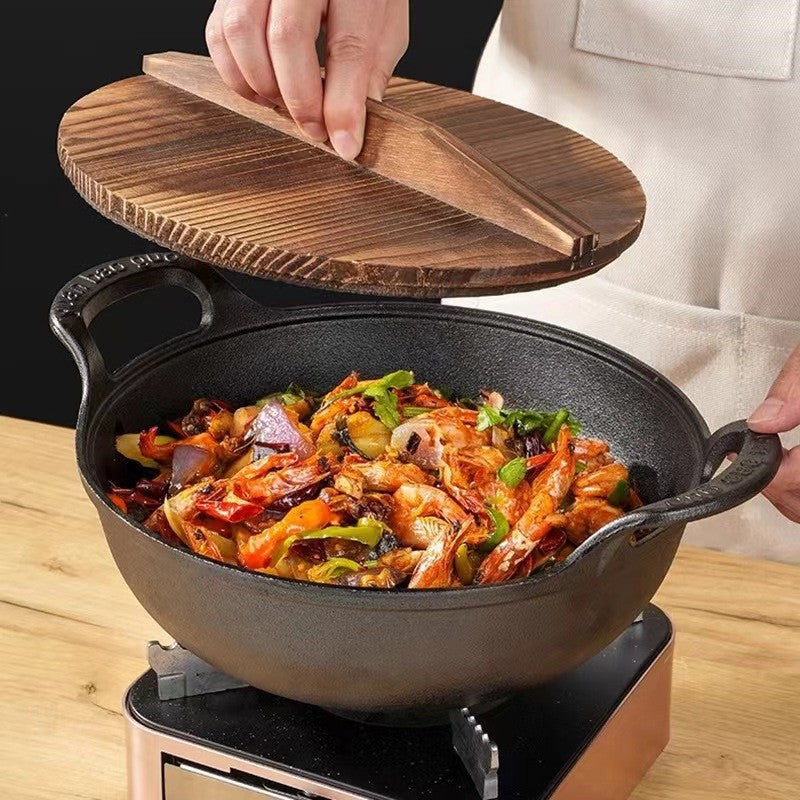 Yuanbao Cast Iron Pot: A Traditional Uncoated Cast Iron Soup Pot with Dual Handles, Durable Household Wok Fryer, and Small Saucepan for Cooking