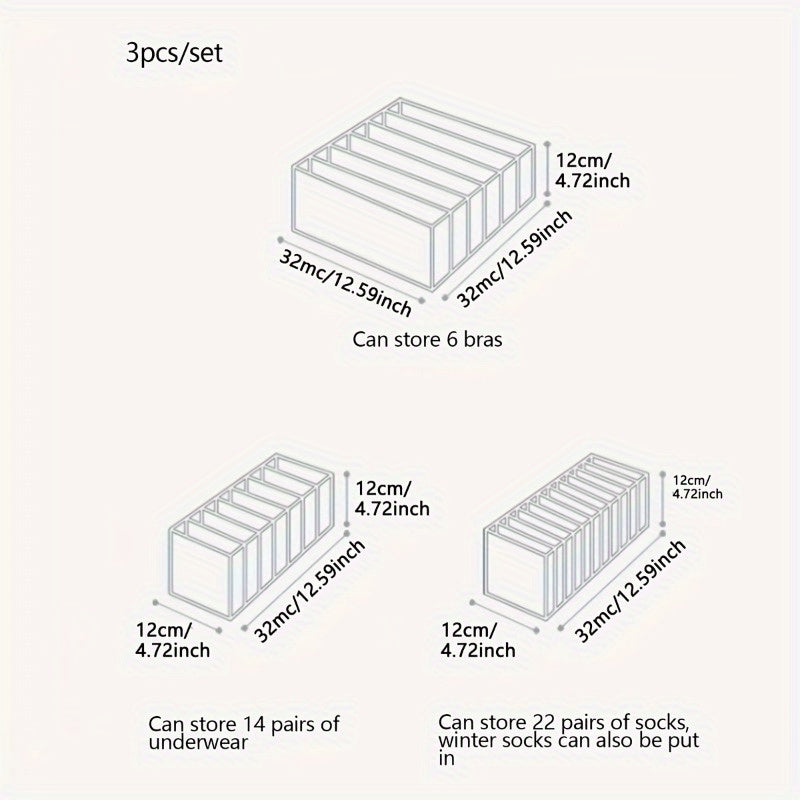 Набор органайзеров для ящиков из трех частей, разработанный для экономии пространства, идеально подходит для организации нижнего белья, носок и бюстгальтеров. Изготовлен из прочной ткани и имеет удобный доступ для удобного хранения.