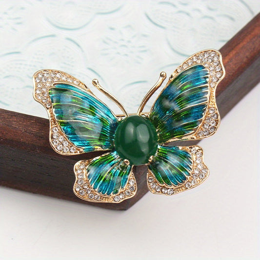 Brooch with Rhinestones, Hand-Painted Butterfly Design, Fashionable Lapel Pin for Suit and Dress Decor, Vintage-Inspired Green Jewelry Accessory