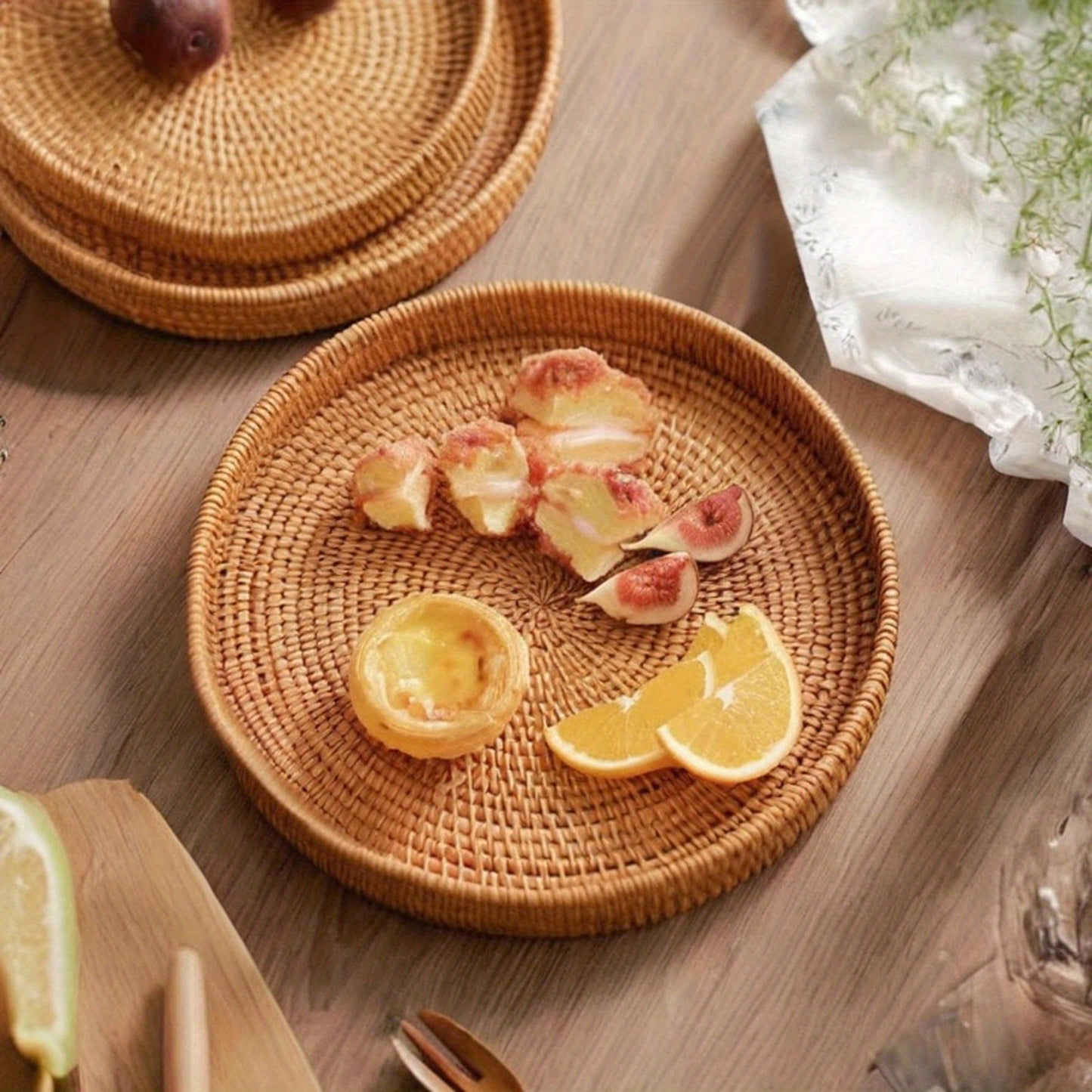 Round Wicker Serving Tray - Great for Breakfast, Snacks, and Drinks | Perfect for Home, Restaurant, and Party Use