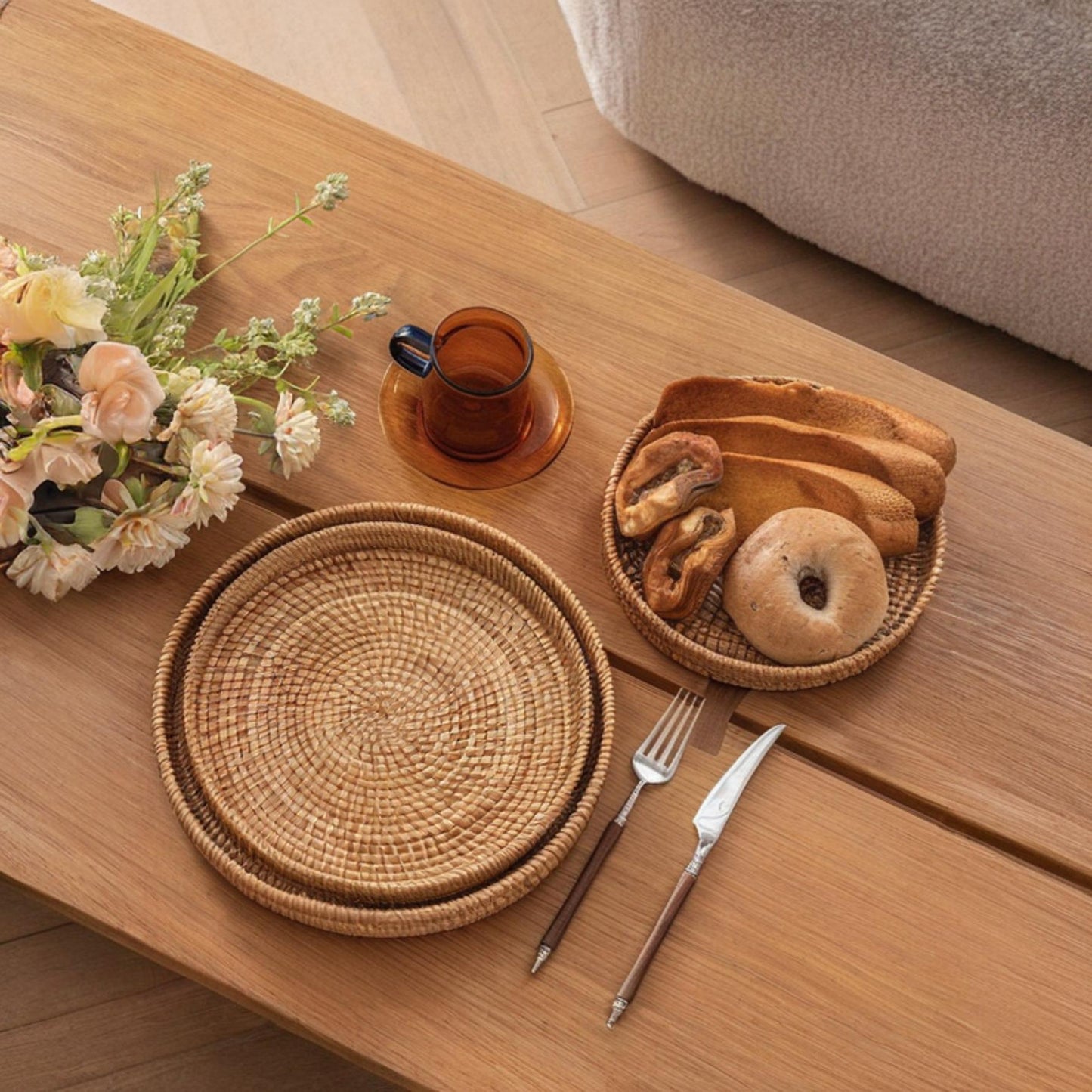 Round Wicker Serving Tray - Great for Breakfast, Snacks, and Drinks | Perfect for Home, Restaurant, and Party Use