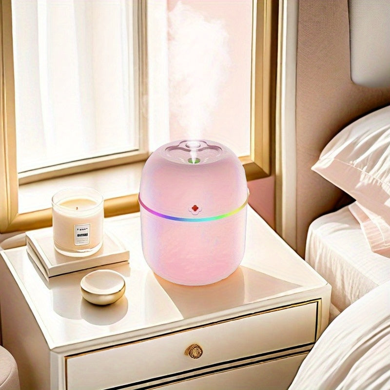 USB-powered aromatherapy humidifier with colorful lights, ideal for multiple spaces including bedroom, living room, office, and car.