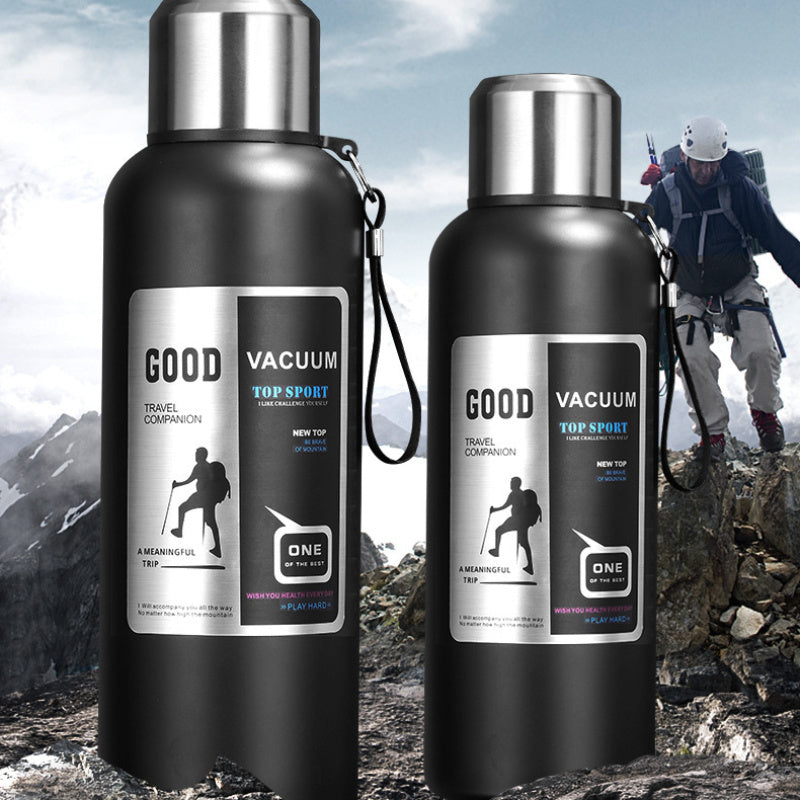 Large capacity stainless steel water bottle with handle, leak-proof, reusable, hand wash only, travel-friendly, no electricity needed, includes lid. Ideal for outdoor sports.