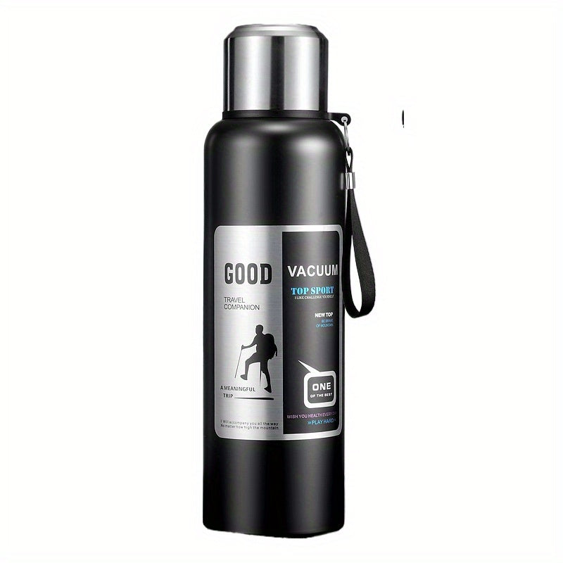 Large capacity stainless steel water bottle with handle, leak-proof, reusable, hand wash only, travel-friendly, no electricity needed, includes lid. Ideal for outdoor sports.