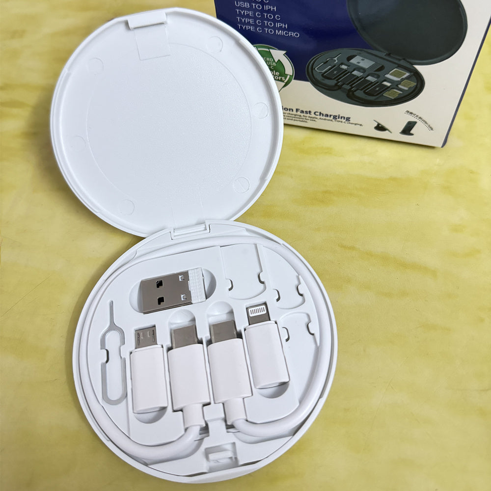 60W USB C cable with 5-in-1 adapter kit for fast charging and data transfer, compatible with iPhone, Type-C, and Micro USB devices, in a convenient storage box.