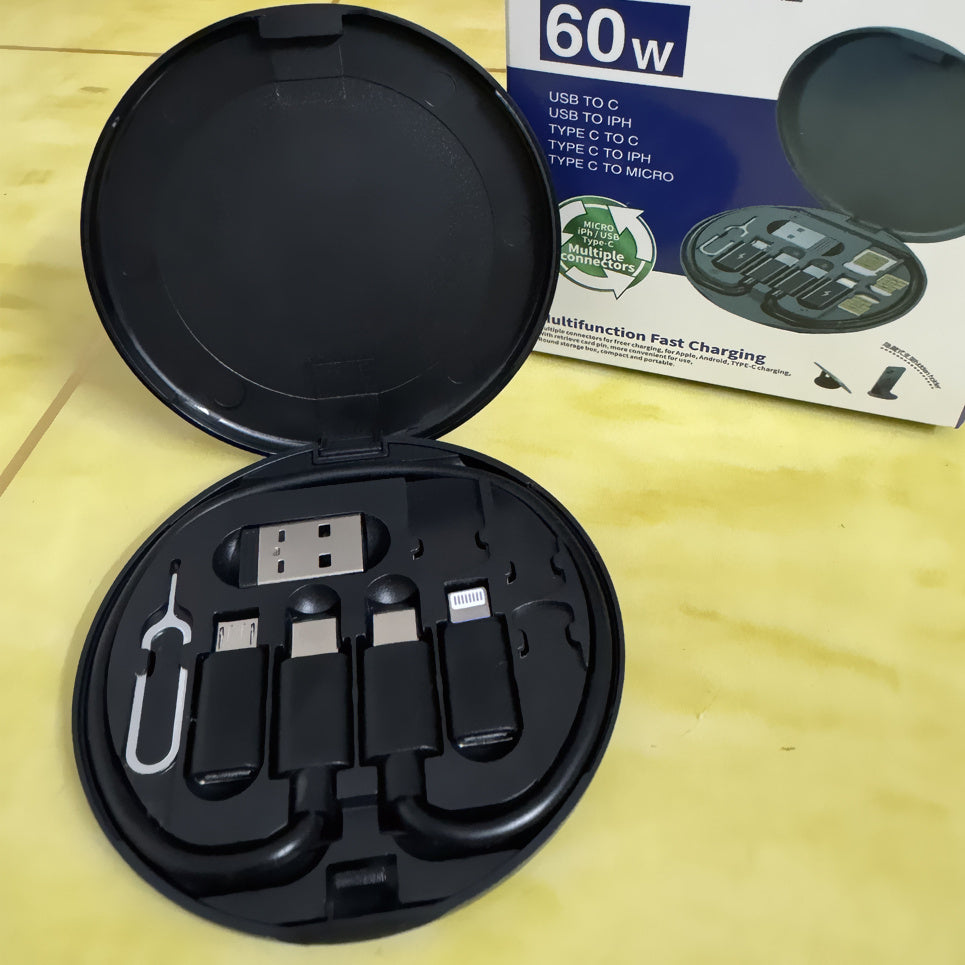 60W USB C cable with 5-in-1 adapter kit for fast charging and data transfer, compatible with iPhone, Type-C, and Micro USB devices, in a convenient storage box.