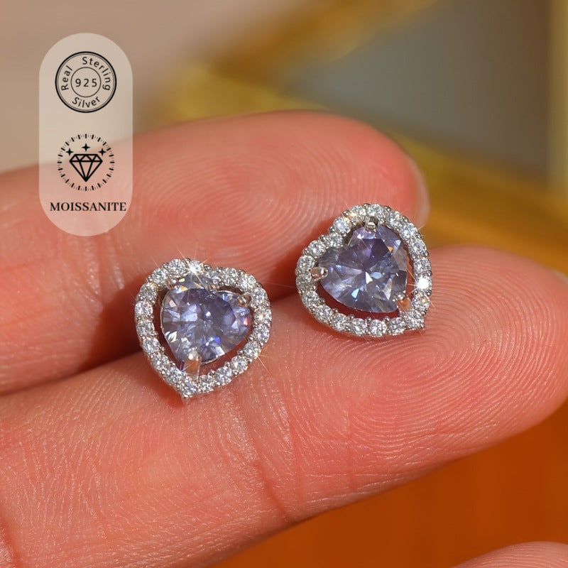 Stunning 1ct Purple Moissanite Heart Stud Earrings - Ideal for Birthdays & Holidays, Made with Hypoallergenic 925 Silver, Perfect for Gifting to Loved Ones, Holiday Presents, Timeless and Chic Design.