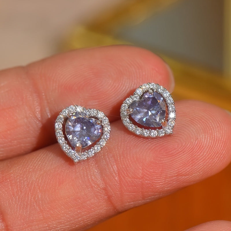 Stunning 1ct Purple Moissanite Heart Stud Earrings - Ideal for Birthdays & Holidays, Made with Hypoallergenic 925 Silver, Perfect for Gifting to Loved Ones, Holiday Presents, Timeless and Chic Design.