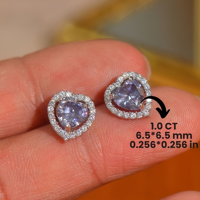 Stunning 1ct Purple Moissanite Heart Stud Earrings - Ideal for Birthdays & Holidays, Made with Hypoallergenic 925 Silver, Perfect for Gifting to Loved Ones, Holiday Presents, Timeless and Chic Design.