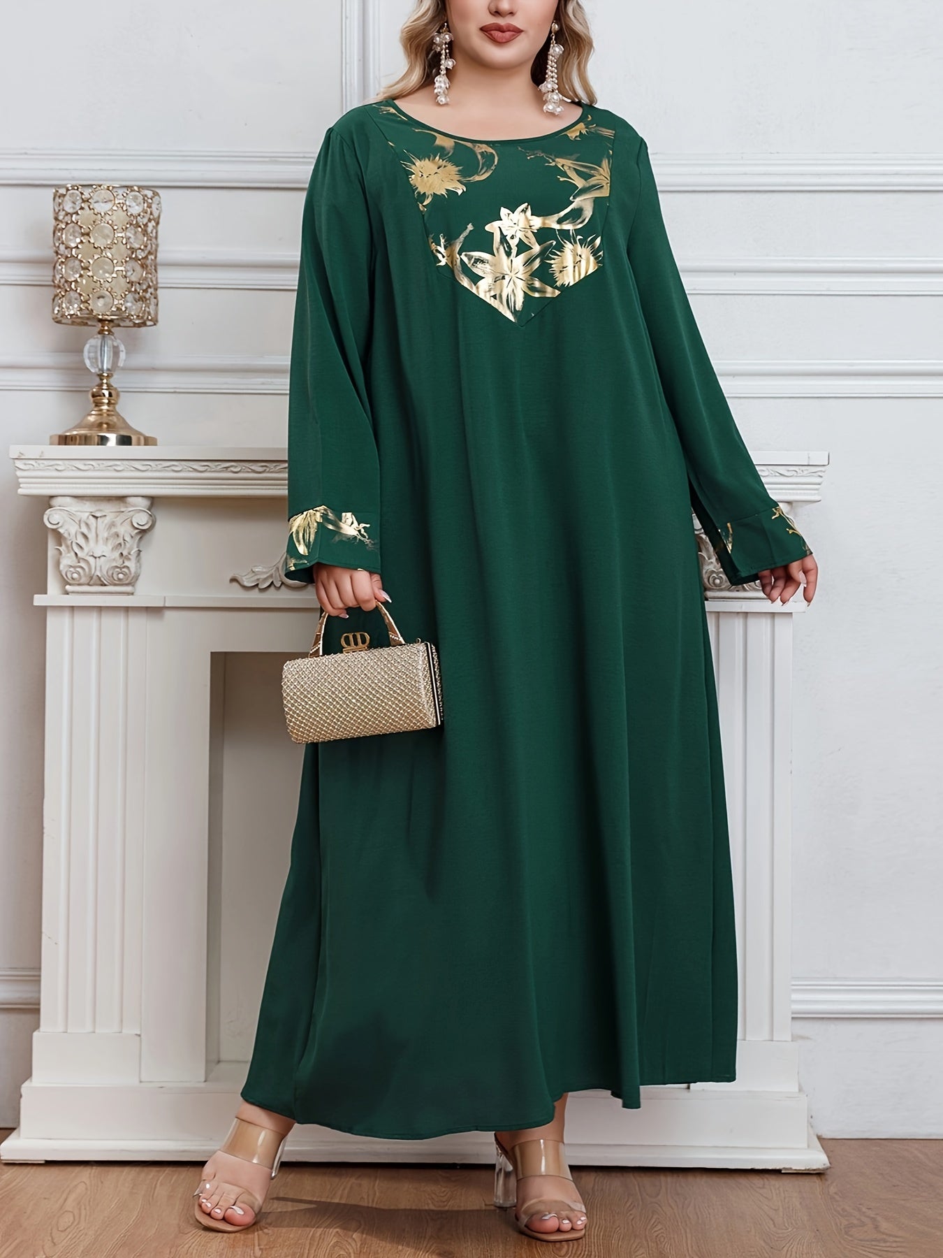 Elegant Plus Size Tunic Dress in Middle Eastern Style, 100% Polyester, Crew Neck with Random Print.