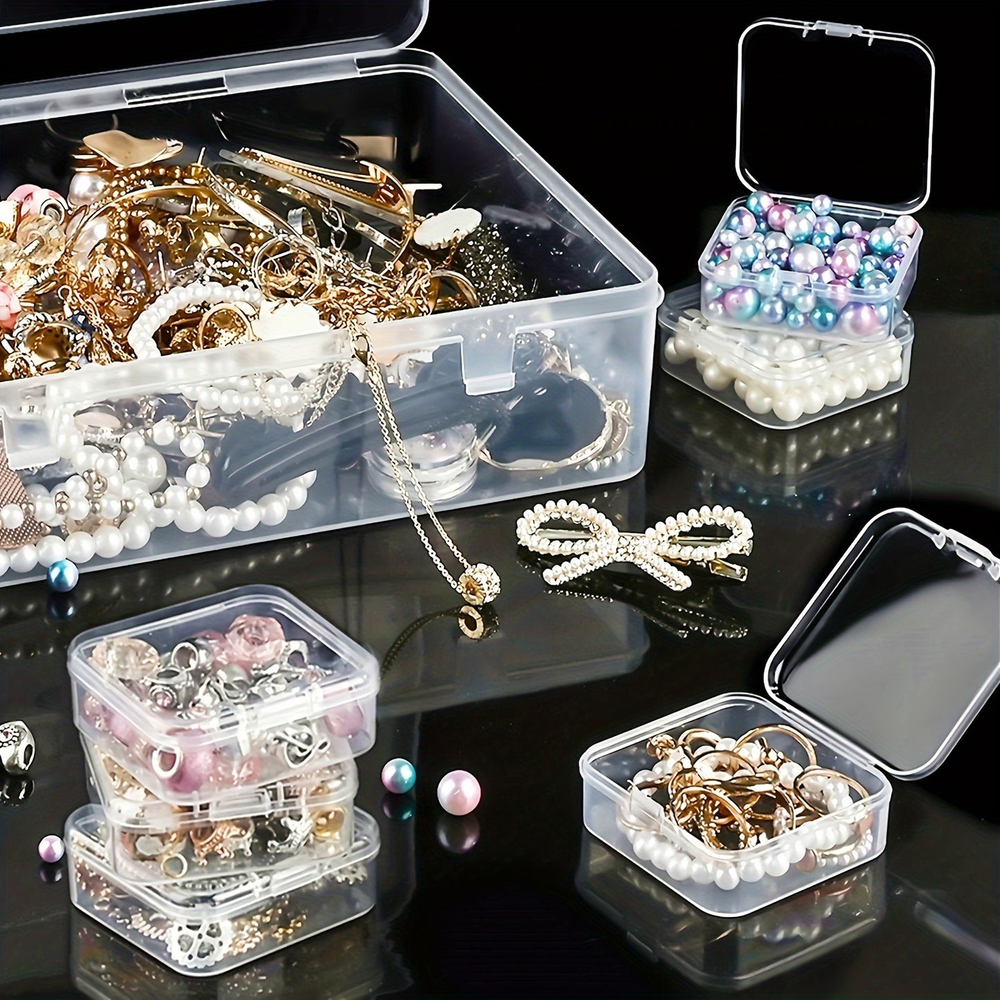 30 transparent plastic storage boxes for organizing small items such as crafts, beads, hair accessories, jewelry, and hardware. Includes compartments with options for 14 or 30 sections.