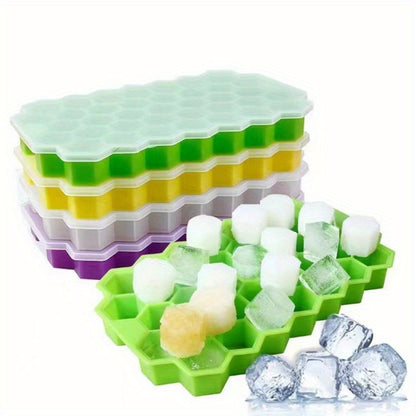 Silicone Honeycomb Ice Cube Tray with Lid - 37 Compartments, Flexible and Easy to Clean, BPA Free, Stackable Mold for Freezer - 1Pc