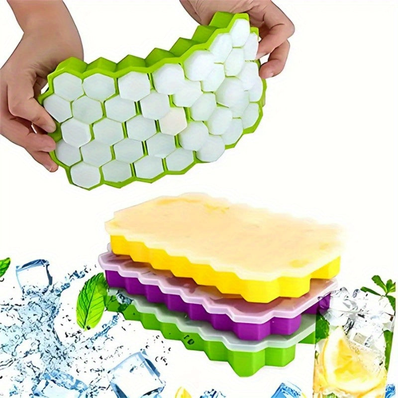 Silicone Honeycomb Ice Cube Tray with Lid - 37 Compartments, Flexible and Easy to Clean, BPA Free, Stackable Mold for Freezer - 1Pc