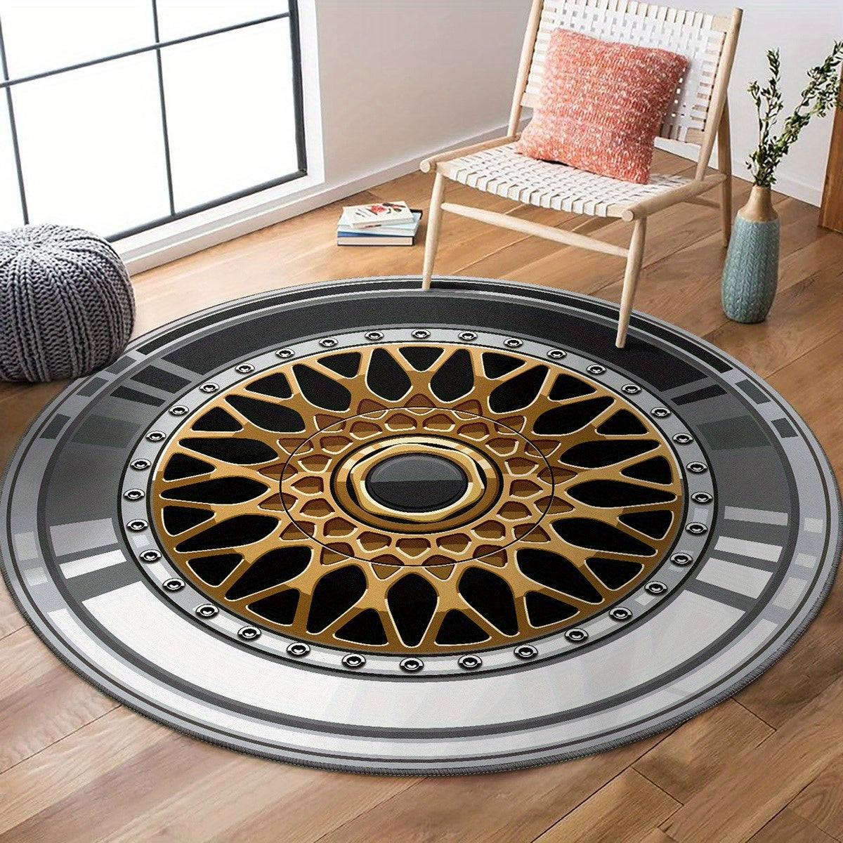 This vintage car wheel design area rug is available in two sizes: 60cm/24in and 120cm/47in. Made from soft and comfortable polyester material, it is perfect for use in any room or bedroom. This rug should be hand washed only for best results.