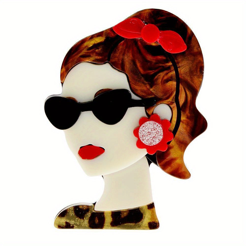 Stylish Acrylic Ponytail Girl Brooch with Glasses and Earrings Design, Fashionable Accessory for Clothing and Bags