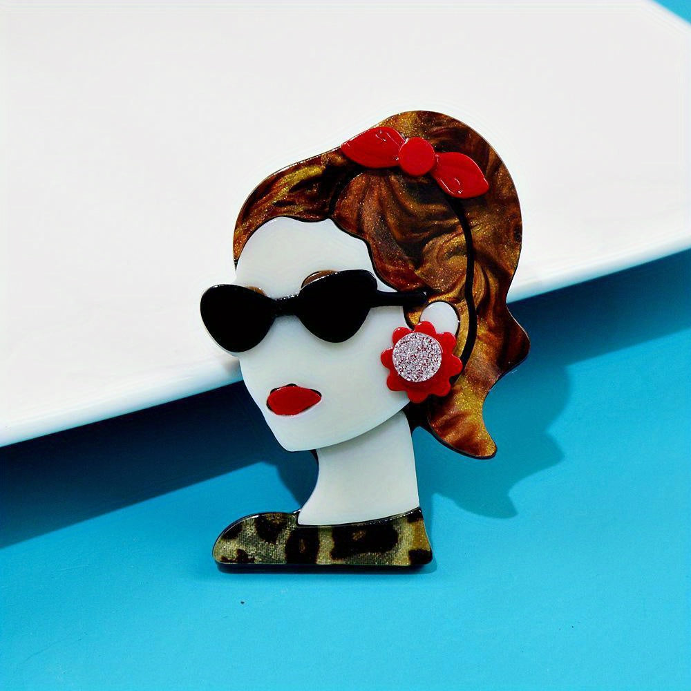 Stylish Acrylic Ponytail Girl Brooch with Glasses and Earrings Design, Fashionable Accessory for Clothing and Bags