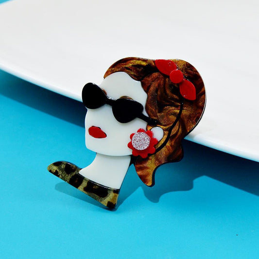 Stylish Acrylic Ponytail Girl Brooch with Glasses and Earrings Design, Fashionable Accessory for Clothing and Bags