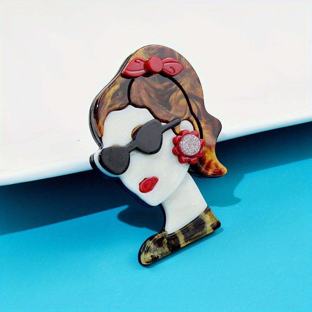 Stylish Acrylic Ponytail Girl Brooch with Glasses and Earrings Design, Fashionable Accessory for Clothing and Bags