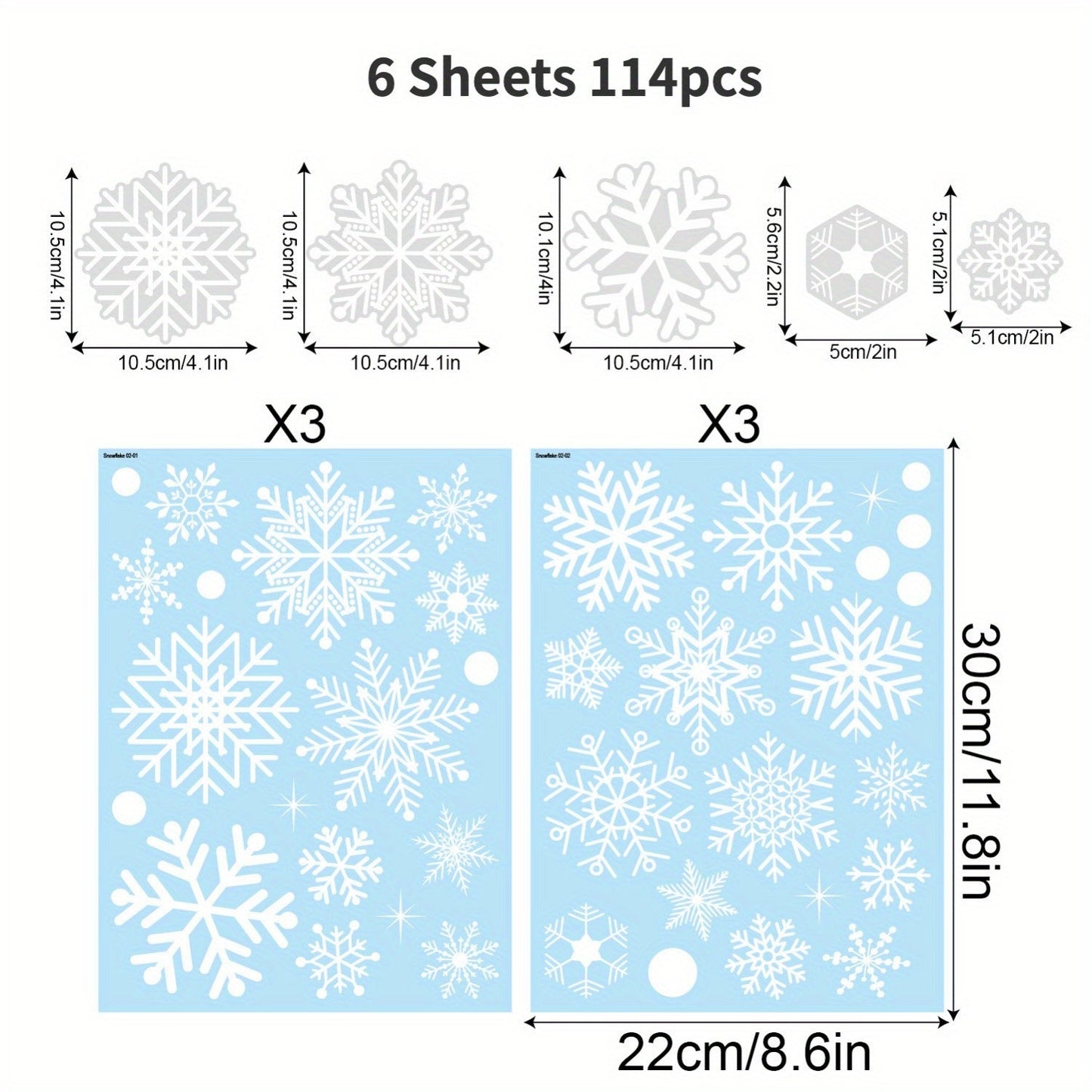 Large Snowflake Window Stickers - Set of 114 - Easily Reusable, Static, White Decals for Christmas or Winter Decor – Simple Application and Removal from Glass Windows and Doors