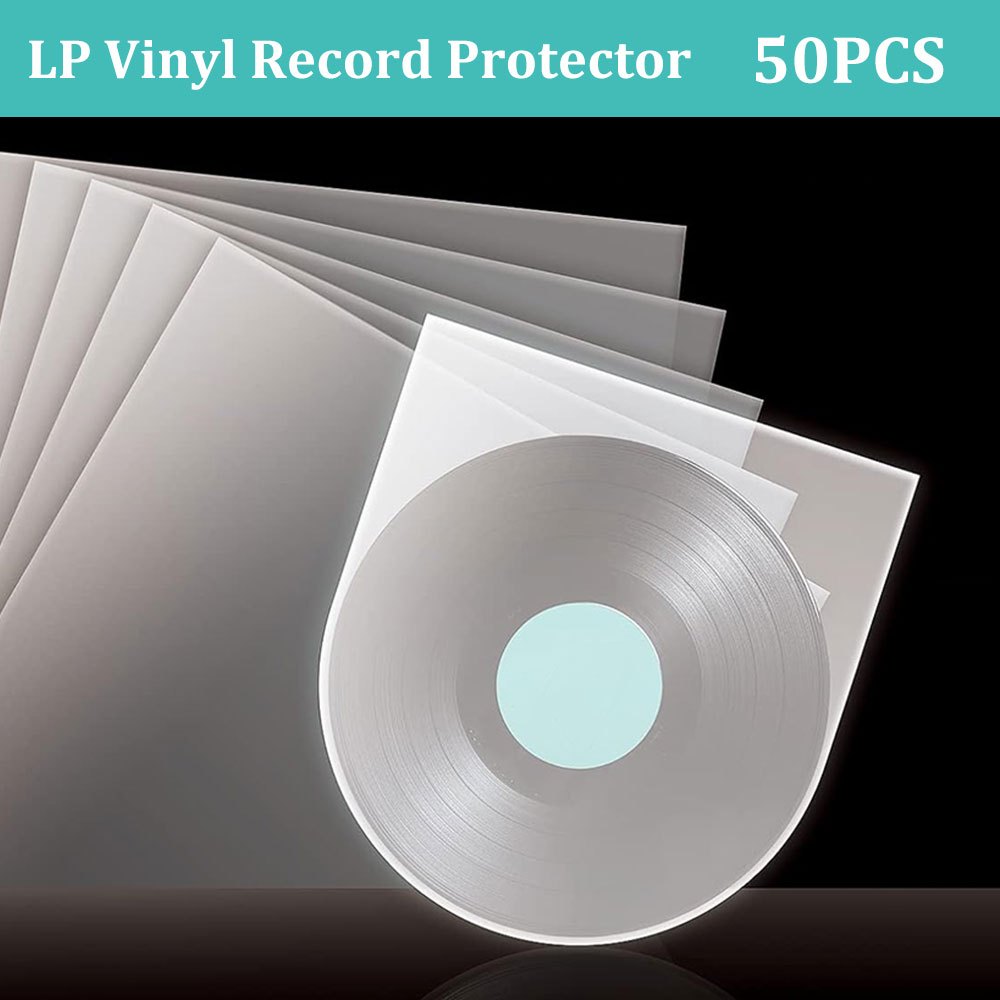 50-pack of grey anti-static PE vinyl record sleeves with round bottom, measuring 12.7-30.48 cm, designed to protect LP collection.