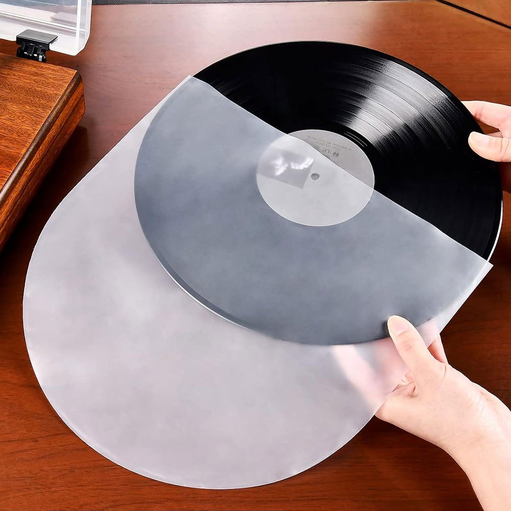 50-pack of grey anti-static PE vinyl record sleeves with round bottom, measuring 12.7-30.48 cm, designed to protect LP collection.