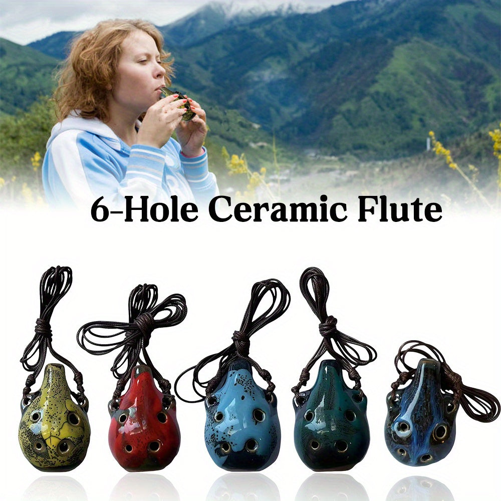 Portable ceramic ocarina flute with 6 holes, adjustable necklace, clear tone, and vibrant colors, perfect for beginners.