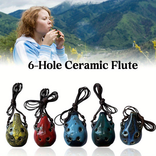 Portable ceramic ocarina flute with 6 holes, adjustable necklace, clear tone, and vibrant colors, perfect for beginners.