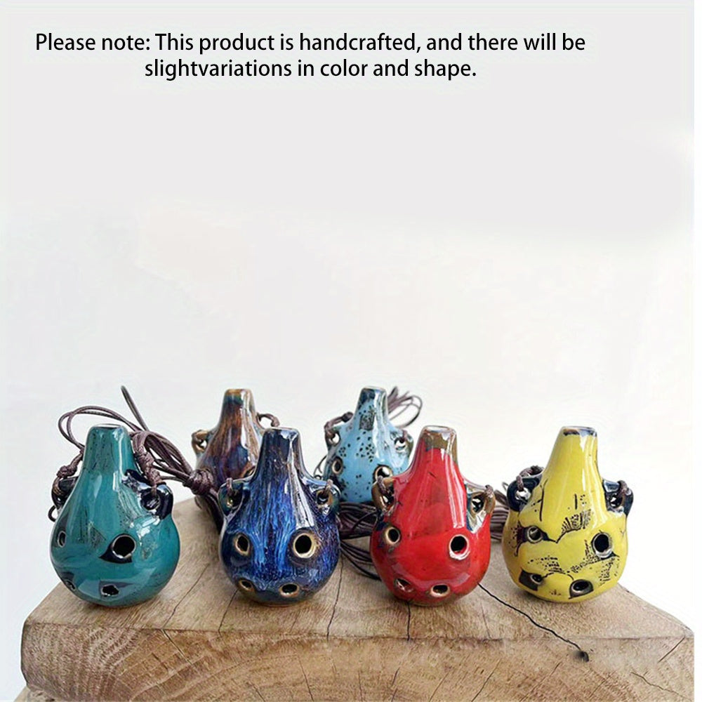 Portable ceramic ocarina flute with 6 holes, adjustable necklace, clear tone, and vibrant colors, perfect for beginners.