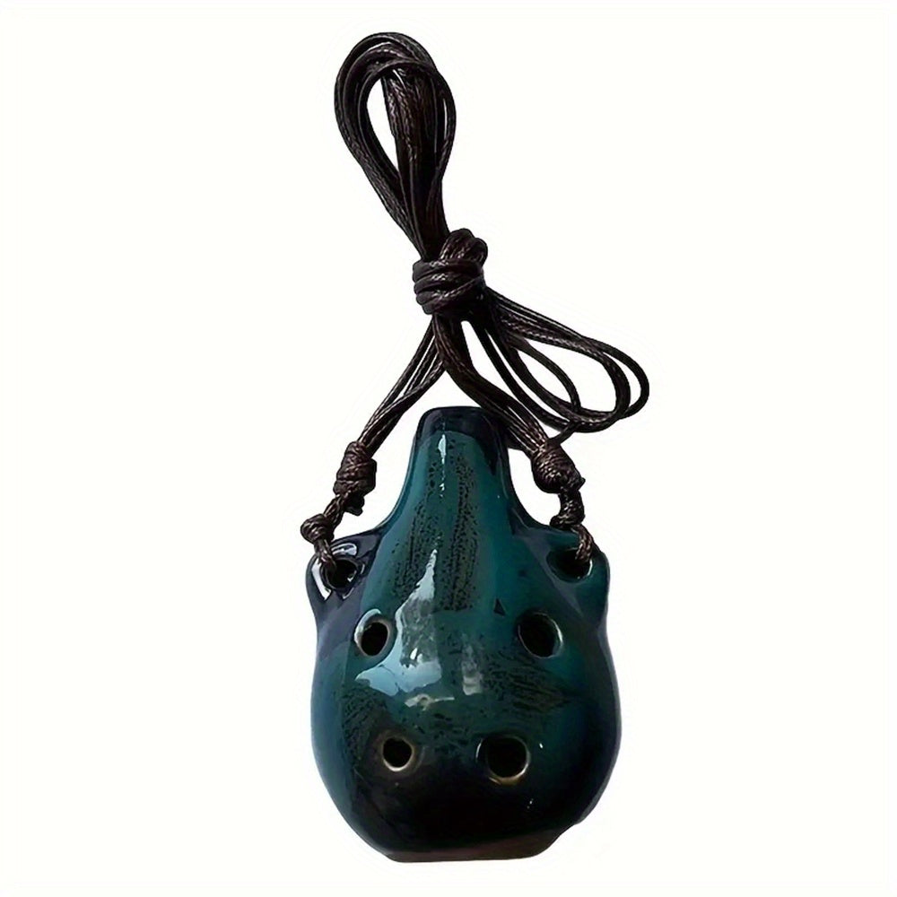 Portable ceramic ocarina flute with 6 holes, adjustable necklace, clear tone, and vibrant colors, perfect for beginners.