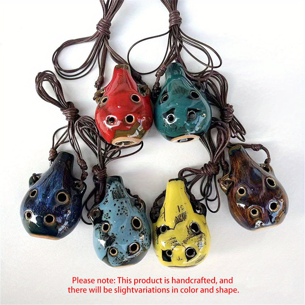 Portable ceramic ocarina flute with 6 holes, adjustable necklace, clear tone, and vibrant colors, perfect for beginners.